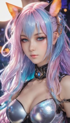 1girl,solo,long hair,breasts,looking at viewer,bangs,blue eyes,hair ornament,animal ears,cleavage,hair between eyes,bare shoulders,jewelry,medium breasts,closed mouth,blue hair,collarbone,upper body,pink hair,multicolored hair,choker,shiny,artist name,cat ears,signature,blurry,two-tone hair,lips,eyelashes,makeup,blurry background,fake animal ears,piercing,realistic,nose,mascara,sidelocks,armor,collar,streaked hair,grey eyes,gradient hair,detached collar,depth of field,expressionless,moon,gem,pink lips,eyeliner