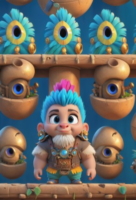 solo,looking at viewer,smile,short hair,blue eyes,shirt,1boy,jewelry,closed mouth,blue hair,standing,full body,pink hair,flower,male focus,multicolored hair,earrings,belt,pants,artist name,chibi,vest,fur trim,facial hair,blue background,plant,spiked hair,blue footwear,potted plant,coin,brown vest,flower pot,barrel,cactus,bangs,short sleeves,shoes,watermark,brown footwear,feathers,web address,beard,basket,brown belt,mohawk