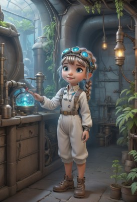 1girl,solo,long hair,looking at viewer,smile,blue eyes,blonde hair,brown hair,shirt,long sleeves,closed mouth,standing,full body,white shirt,braid,boots,shoes,collared shirt,belt,indoors,window,single braid,brown footwear,suspenders,plant,goggles,child,goggles on head,lantern,fantasy,female child,potted plant,overalls,barrel,industrial pipe,steampunk,machine,lips