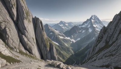 solo,outdoors,sky,day,cloud,tree,blue sky,no humans,scenery,rock,mountain,landscape,mountainous horizon,cliff,snow