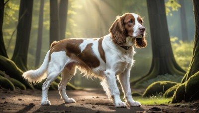 HQ,solo,blue eyes,closed mouth,standing,full body,outdoors,day,signature,blurry,collar,tree,pokemon (creature),no humans,animal,sunlight,grass,nature,forest,dog,light rays,rock,realistic,animal focus,blurry background,plant