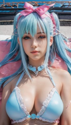 1girl,solo,long hair,breasts,looking at viewer,bangs,blue eyes,large breasts,hair ornament,bow,ribbon,cleavage,bare shoulders,twintails,closed mouth,underwear,blue hair,collarbone,swimsuit,hair ribbon,upper body,hair bow,sidelocks,bikini,hairband,frills,choker,bra,two side up,lips,eyelashes,makeup,blue bikini,frilled bikini,pink ribbon,mole on breast,realistic,nose,blue bra,mascara,medium breasts,lying,artist name,on back,mole,aqua hair,pink bow,architecture,east asian architecture,veiny breasts