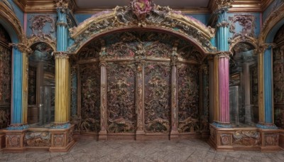 flower,indoors,no humans,window,scenery,stairs,door,pillar,statue,carpet,arch,chandelier,column,fantasy,architecture,tile floor,throne,still life