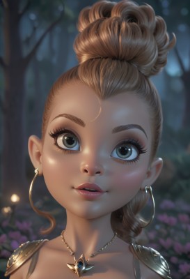 1girl,solo,long hair,looking at viewer,smile,open mouth,blue eyes,blonde hair,brown hair,jewelry,collarbone,upper body,braid,flower,earrings,outdoors,parted lips,teeth,artist name,necklace,hair bun,armor,blurry,tree,lips,grey eyes,eyelashes,single braid,makeup,depth of field,blurry background,single hair bun,portrait,nature,close-up,forest,freckles,realistic,hair pulled back,night,shoulder armor,nose,shoulder pads