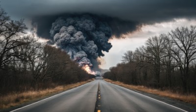 outdoors,sky,day,cloud,tree,no humans,cloudy sky,grass,fire,nature,scenery,forest,smoke,road,bare tree,street,fog,grey sky,burning,explosion