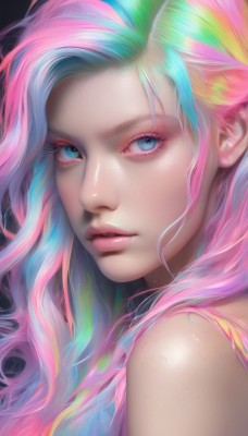 1girl,solo,long hair,looking at viewer,blue eyes,simple background,bare shoulders,closed mouth,blue hair,upper body,pink hair,multicolored hair,parted lips,sleeveless,shiny,artist name,from side,lips,streaked hair,eyelashes,makeup,black background,portrait,close-up,eyeshadow,personification,freckles,pink lips,realistic,nose,colorful,mascara,rainbow hair,aqua hair,watermark,wavy hair,web address