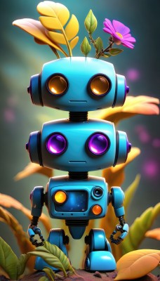 solo,looking at viewer,standing,purple eyes,full body,flower,blurry,orange eyes,no humans,blurry background,glowing,leaf,plant,robot,mecha,science fiction,purple flower,one-eyed,straight-on,open hands,humanoid robot,non-humanoid robot,yellow eyes,signature,pink flower,dust