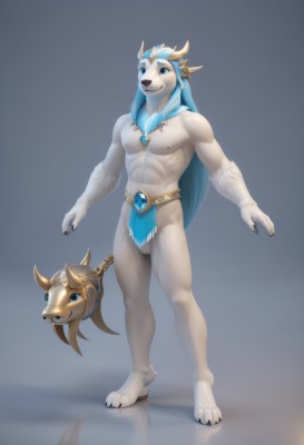 solo,long hair,looking at viewer,smile,blue eyes,1boy,navel,animal ears,jewelry,nipples,blue hair,standing,full body,weapon,male focus,thighs,nude,penis,necklace,stomach,holding weapon,muscular,abs,pectorals,muscular male,bara,claws,pelvic curtain,furry,reflection,large pectorals,toned,bulge,furry male,body fur,white fur,toned male,snout,two-tone fur,furrification,holding,staff,topless male,holding staff,bare pectorals,blue fur