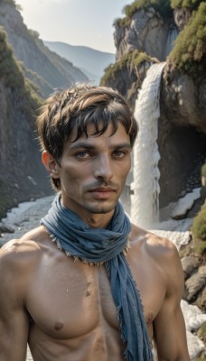 solo,looking at viewer,short hair,brown hair,black hair,1boy,closed mouth,nipples,upper body,male focus,nude,outdoors,day,water,scarf,lips,wet,muscular,facial hair,pectorals,muscular male,bara,beard,topless male,mountain,realistic,stubble,blue scarf,dirty,chest hair,river,waterfall,cliff,bangs,blue eyes,brown eyes,sky,abs,messy hair,rock