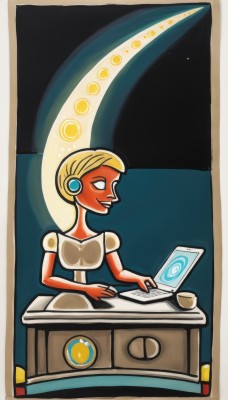 1girl,solo,smile,short hair,blonde hair,dress,sitting,cup,colored skin,headphones,moon,desk,computer,crescent moon,monitor,laptop,robot ears,keyboard (computer),mouse (computer),short sleeves,night,robot,star (sky)