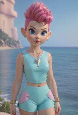 1girl,solo,breasts,looking at viewer,smile,short hair,blue eyes,shirt,navel,bare shoulders,jewelry,closed mouth,standing,collarbone,pink hair,cowboy shot,earrings,small breasts,outdoors,sky,shorts,sleeveless,day,pointy ears,midriff,water,necklace,nail polish,blurry,bracelet,blue sky,lips,crop top,short shorts,eyelashes,sleeveless shirt,makeup,depth of field,blurry background,ocean,beach,tank top,blue shirt,lipstick,spiked hair,pink nails,pendant,blue shorts,nose,arms at sides,horizon,artist name,scar,web address