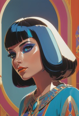 1girl,solo,looking at viewer,short hair,bangs,blue eyes,black hair,dress,jewelry,blue hair,upper body,multicolored hair,parted lips,shiny,dark skin,blunt bangs,necklace,black eyes,dark-skinned female,lips,eyelashes,makeup,bob cut,lipstick,gem,portrait,eyeshadow,nose,red lips,eyeliner,mascara,egyptian