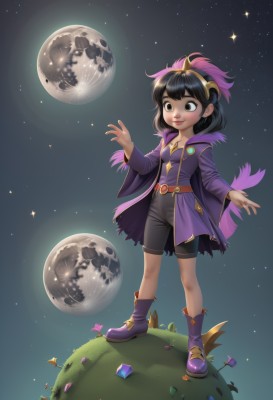 1girl,solo,smile,short hair,bangs,black hair,long sleeves,jewelry,closed mouth,standing,full body,boots,sky,shorts,belt,artist name,signature,hood,wide sleeves,star (symbol),black eyes,lips,black shorts,moon,grass,bike shorts,gem,child,star (sky),starry sky,purple footwear,planet,breasts,night,full moon