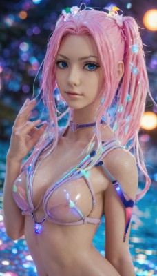 1girl,solo,long hair,breasts,looking at viewer,smile,bangs,blue eyes,hair ornament,navel,cleavage,twintails,medium breasts,swimsuit,upper body,pink hair,bikini,parted lips,choker,shiny,hand up,hair flower,blurry,lips,wet,see-through,shiny skin,depth of field,blurry background,realistic,blue choker,bokeh,purple choker,bare shoulders,jewelry,closed mouth,collarbone,flower,heart,sidelocks,multicolored hair,small breasts,artist name,water,necklace,stomach,fingernails,eyelashes,watermark,gem,web address,arm at side,water drop,pink lips,nose,pink bikini,pink choker,heart choker