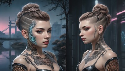 1girl,breasts,looking at viewer,short hair,blue eyes,multiple girls,brown hair,2girls,cleavage,jewelry,medium breasts,braid,earrings,parted lips,water,hair bun,mole,tree,lips,grey eyes,tattoo,makeup,multiple views,single hair bun,dual persona,freckles,reflection,science fiction,cyborg,cyberpunk,hair ornament,underwear,upper body,bra,building,realistic,stud earrings,updo