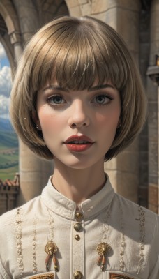 1girl,solo,looking at viewer,short hair,bangs,blue eyes,blonde hair,brown hair,shirt,jewelry,white shirt,upper body,earrings,outdoors,parted lips,sky,teeth,day,collared shirt,blurry,lips,grey eyes,eyelashes,makeup,buttons,blurry background,bob cut,lipstick,portrait,freckles,realistic,nose,red lips,cloud,blunt bangs