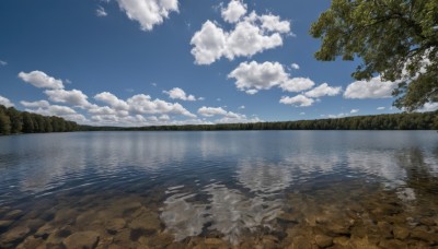 outdoors,sky,day,cloud,water,tree,blue sky,no humans,leaf,sunlight,cloudy sky,nature,scenery,forest,reflection,landscape,lake,reflective water,ocean,rock,mountain,horizon,river