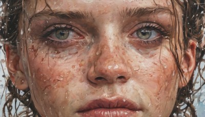 1girl,solo,looking at viewer,brown hair,brown eyes,closed mouth,green eyes,parted lips,artist name,water,lips,wet,eyelashes,portrait,close-up,freckles,reflection,realistic,nose,tears,blood,plant,messy hair,water drop,blood on face,wet hair,dirty