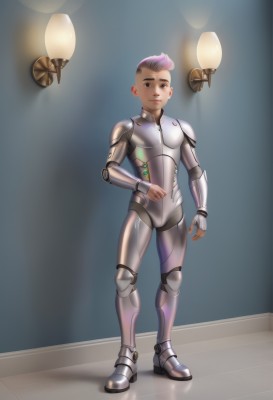 1girl,solo,looking at viewer,short hair,1boy,brown eyes,standing,full body,pink hair,male focus,armor,lips,bodysuit,skin tight,androgynous,science fiction,realistic,very short hair,undercut,cyborg,power armor,cyberpunk,light bulb,smile,boots,tattoo,aged down,robot,android,light,mohawk