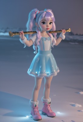 1girl,solo,long hair,looking at viewer,blush,blue eyes,skirt,shirt,hair ornament,dress,bow,holding,twintails,blue hair,standing,full body,pink hair,purple hair,braid,short sleeves,multicolored hair,boots,outdoors,nail polish,blurry,twin braids,flat chest,two-tone hair,lips,blue skirt,see-through,fur trim,makeup,blurry background,beach,scrunchie,suspenders,lipstick,instrument,child,snow,suspender skirt,red lips,wrist scrunchie,over shoulder,fur-trimmed boots,footprints,white hair,water,night,personification,pink footwear