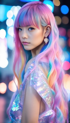 1girl,solo,long hair,looking at viewer,bangs,dress,jewelry,closed mouth,blue hair,upper body,pink hair,multicolored hair,earrings,blunt bangs,blurry,from side,two-tone hair,lips,gradient hair,makeup,depth of field,blurry background,lipstick,realistic,nose,bokeh,blue eyes,sleeveless,artist name,looking to the side,eyelashes,watermark,wavy hair,web address,eyeshadow,pink lips,mascara,rainbow hair