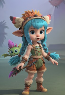 1girl,solo,long hair,looking at viewer,open mouth,blue eyes,hair ornament,holding,twintails,jewelry,blue hair,standing,full body,weapon,braid,boots,shorts,pointy ears,blurry,twin braids,flat chest,bracelet,aqua hair,blurry background,brown footwear,feathers,knife,child,freckles,yordle,hat,bare shoulders,overalls