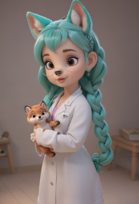 1girl,solo,long hair,looking at viewer,smile,long sleeves,holding,animal ears,brown eyes,jewelry,closed mouth,blue hair,braid,cowboy shot,earrings,green hair,glasses,artist name,indoors,cat ears,blurry,twin braids,lips,animal ear fluff,aqua hair,blurry background,animal,table,semi-rimless eyewear,extra ears,round eyewear,furry female,labcoat,holding animal,book,furry,dog,animal nose