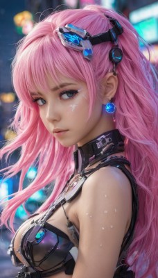 1girl,solo,long hair,breasts,looking at viewer,bangs,blue eyes,hair ornament,cleavage,bare shoulders,jewelry,medium breasts,upper body,pink hair,earrings,parted lips,artist name,blurry,from side,lips,grey eyes,eyelashes,makeup,blurry background,headgear,realistic,nose,cyberpunk,closed mouth,swimsuit,ponytail,sidelocks,bikini,sweat,outdoors,necklace,bra,armor,looking to the side,depth of field,chain,facial mark,expressionless,cross,pink lips