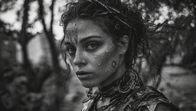 1girl,solo,looking at viewer,short hair,jewelry,closed mouth,monochrome,greyscale,outdoors,parted lips,choker,dark skin,necklace,blurry,from side,dark-skinned female,lips,wet,depth of field,blurry background,portrait,realistic,nose,tree,nature