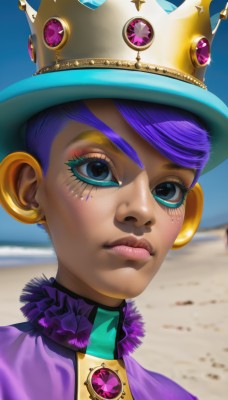 1girl,solo,looking at viewer,short hair,blue eyes,hat,jewelry,closed mouth,purple hair,earrings,day,lips,eyelashes,makeup,watermark,facial mark,crown,lipstick,brooch,gem,portrait,web address,eyeshadow,freckles,realistic,nose,eyeliner,mascara,blurry,blurry background,gold