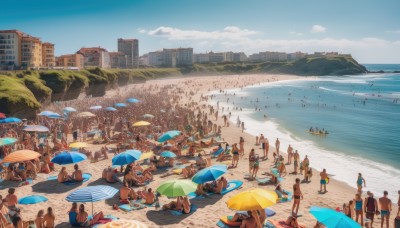 multiple girls,outdoors,multiple boys,sky,day,cloud,water,tree,blue sky,bird,ocean,6+girls,umbrella,chair,beach,building,scenery,6+boys,innertube,city,sand,palm tree,cityscape,parasol,beach umbrella,crowd,people,short hair,black hair,hat,standing,swimsuit,bag,cloudy sky,towel,walking,topless male,dog,horizon,watercraft,summer,male swimwear,boat,shore,swim trunks,seagull,footprints,sand sculpture,sand castle