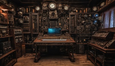 indoors,book,no humans,window,chair,table,instrument,scenery,desk,wooden floor,clock,bookshelf,computer,gears,speaker,phonograph,box,fantasy,lamp,cabinet,analog clock,wall clock