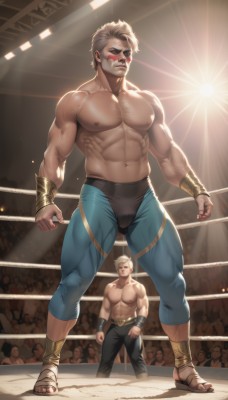 short hair,blonde hair,brown hair,navel,jewelry,closed mouth,nipples,full body,male focus,thighs,multiple boys,pants,artist name,2boys,bracelet,mask,muscular,facial hair,thick thighs,abs,sandals,thick eyebrows,pectorals,muscular male,spiked hair,wristband,bara,clenched hands,large pectorals,bulge,topless male,mature male,blue pants,tight,manly,leggings,facial tattoo,biceps,crowd,tight pants,stage,wrestling outfit,spotlight,thick arms,stadium,wrestling ring,veiny arms,looking at viewer,1boy,closed eyes,teeth,solo focus,facial mark,facepaint,chest hair