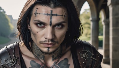 solo,looking at viewer,short hair,black hair,1boy,jewelry,closed mouth,green eyes,collarbone,male focus,earrings,outdoors,medium hair,necklace,armor,blurry,lips,grey eyes,tattoo,blurry background,facial hair,piercing,portrait,beard,forehead,freckles,realistic,nose,mustache,facial tattoo,1girl,upper body,day,cross,shoulder armor,close-up,pauldrons,chest tattoo,neck tattoo