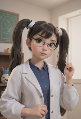 1girl,solo,long hair,looking at viewer,blush,smile,bangs,brown hair,shirt,black hair,hair ornament,long sleeves,twintails,brown eyes,jewelry,closed mouth,upper body,earrings,open clothes,glasses,collared shirt,belt,artist name,indoors,hand up,blurry,black eyes,lips,buttons,depth of field,blurry background,watermark,blue shirt,clenched hand,semi-rimless eyewear,freckles,black-framed eyewear,realistic,nose,round eyewear,labcoat,stud earrings,chalkboard,brown-framed eyewear,jacket,fingernails,makeup,stuffed toy,lipstick,red lips