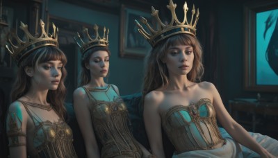 long hair,breasts,bangs,blue eyes,multiple girls,brown hair,black hair,dress,bare shoulders,brown eyes,jewelry,sitting,collarbone,upper body,small breasts,parted lips,sleeveless,indoors,3girls,blunt bangs,necklace,lips,bed,tattoo,wavy hair,crown,corset,realistic,painting (object),portrait (object),looking at viewer,dark