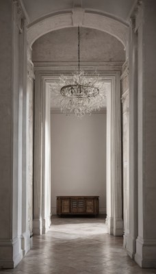 monochrome,indoors,no humans,window,scenery,stairs,door,light,wall,pillar,ceiling,hallway,arch,chandelier,column,wooden floor,tiles,tile floor,reflective floor