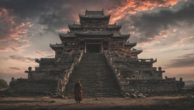 solo,1boy,standing,outdoors,japanese clothes,sky,cloud,from behind,tree,cloudy sky,building,scenery,sunset,stairs,architecture,east asian architecture,statue,ambiguous gender,cape,sunlight,1other,shrine