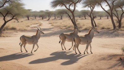 outdoors,sky,day,tree,no humans,shadow,animal,grass,nature,scenery,road,animal focus,horse,desert,deer,standing,signature,pokemon (creature),sand,goat