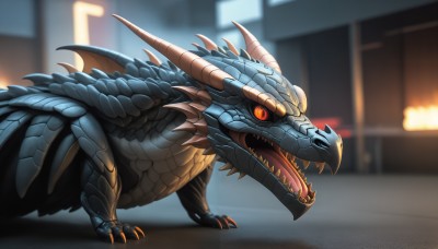 HQ,solo,open mouth,red eyes,tail,outdoors,wings,horns,teeth,blurry,orange eyes,no humans,blurry background,fangs,fire,sharp teeth,slit pupils,claws,colored sclera,monster,dragon,scales,kaijuu,standing,dinosaur