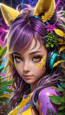 1girl,solo,long hair,breasts,looking at viewer,bangs,hair ornament,animal ears,closed mouth,yellow eyes,upper body,purple hair,flower,multicolored hair,hairclip,shiny,artist name,cat ears,signature,hair flower,lips,fox ears,eyelashes,gradient hair,makeup,swept bangs,headphones,leaf,facial mark,plant,lipstick,portrait,star (sky),eyeshadow,freckles,pink lips,nose,purple flower,eyeliner,whisker markings,colorful,mascara,paint splatter,paint,shirt,sleeveless,from side,light particles,yellow shirt,yellow flower,facepaint