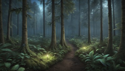 outdoors,tree,no humans,night,glowing,leaf,moon,grass,plant,nature,scenery,forest,bush,dark,path,fireflies,light