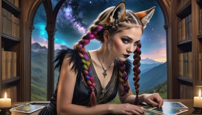 1girl,solo,long hair,breasts,looking at viewer,blue eyes,blonde hair,brown hair,hair ornament,dress,holding,animal ears,cleavage,jewelry,medium breasts,sitting,closed mouth,purple eyes,collarbone,upper body,pink hair,purple hair,braid,multicolored hair,earrings,small breasts,sky,sleeveless,artist name,indoors,cat ears,dark skin,necklace,star (symbol),nail polish,black dress,twin braids,two-tone hair,lips,streaked hair,fingernails,animal ear fluff,grey eyes,book,bare arms,fox ears,gradient hair,makeup,night,sleeveless dress,facial mark,table,feathers,lipstick,star (sky),black nails,night sky,eyeshadow,starry sky,mountain,nose,candle,photo (object),mascara,black lips,multiple braids,black hair,bare shoulders,window,wolf ears,extra ears,forehead,bookshelf