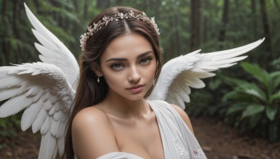 1girl,solo,long hair,breasts,looking at viewer,smile,brown hair,hair ornament,dress,cleavage,bare shoulders,brown eyes,jewelry,medium breasts,closed mouth,collarbone,upper body,flower,earrings,outdoors,wings,horns,hair flower,white dress,blurry,lips,depth of field,blurry background,plant,nature,feathered wings,single horn,angel wings,realistic,nose,white wings,angel,head wreath,large breasts,parted lips,forest