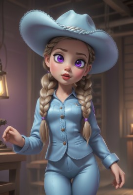 1girl,solo,long hair,breasts,looking at viewer,blush,open mouth,blonde hair,brown hair,shirt,long sleeves,hat,twintails,standing,purple eyes,braid,cowboy shot,small breasts,parted lips,teeth,pants,artist name,indoors,blurry,twin braids,lips,eyelashes,buttons,depth of field,blurry background,thigh gap,table,thick eyebrows,blue shirt,hair over shoulder,forehead,blue headwear,freckles,pocket,hair tie,blue pants,red lips,female child,lamp,cowboy hat,wooden chair,collared shirt,makeup,watermark,web address,pajamas,nose,breast pocket,cowboy western