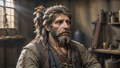 solo,long hair,blue eyes,shirt,1boy,jewelry,upper body,ponytail,weapon,white hair,grey hair,male focus,indoors,necklace,vest,gun,window,facial hair,sunlight,beard,realistic,mustache,manly,old,old man,blonde hair,braid,scar,light rays