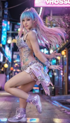 1girl,solo,long hair,breasts,looking at viewer,smile,bangs,blue eyes,skirt,jewelry,medium breasts,underwear,blue hair,standing,swimsuit,full body,pink hair,bikini,multicolored hair,hairband,earrings,shoes,midriff,nail polish,bra,blurry,bracelet,from side,two-tone hair,lips,tattoo,gradient hair,blurry background,piercing,leg up,ring,standing on one leg,sneakers,bikini top only,realistic,purple footwear,navel piercing,neon lights,purple eyes,outdoors,see-through,night,watermark,cyberpunk