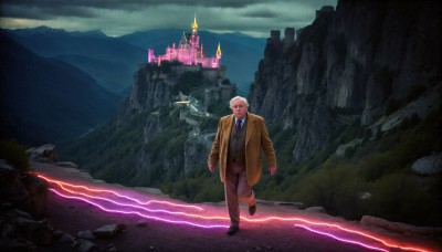 HQ,solo,1boy,standing,white hair,male focus,outdoors,necktie,sky,glasses,pants,cloud,vest,coat,facial hair,formal,cloudy sky,suit,scenery,beard,walking,rock,mountain,mustache,bald,brown pants,old,old man,castle,lightning,cliff,looking at viewer,shirt,jacket,shoes,black footwear,brown footwear,brown jacket,fantasy,landscape