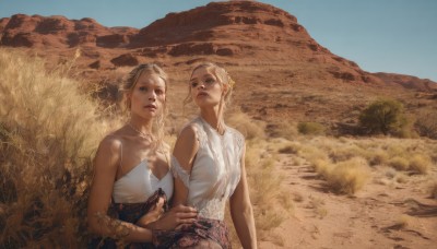 breasts,looking at viewer,short hair,blue eyes,multiple girls,blonde hair,dress,2girls,bare shoulders,upper body,braid,outdoors,parted lips,sky,sleeveless,day,white dress,blue sky,lips,siblings,grass,sisters,dual persona,realistic,field,desert,long hair,hair ornament,cleavage,jewelry,medium breasts,earrings,necklace,bracelet,makeup,bird,animal,mountain