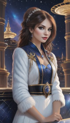 1girl,solo,long hair,breasts,looking at viewer,smile,blue eyes,brown hair,hair ornament,dress,cleavage,jewelry,ponytail,earrings,sky,white dress,lips,grey eyes,makeup,night,blue dress,gem,star (sky),night sky,starry sky,red lips,pillar,bangs,brown eyes,medium breasts,upper body,belt,necklace,realistic,white coat